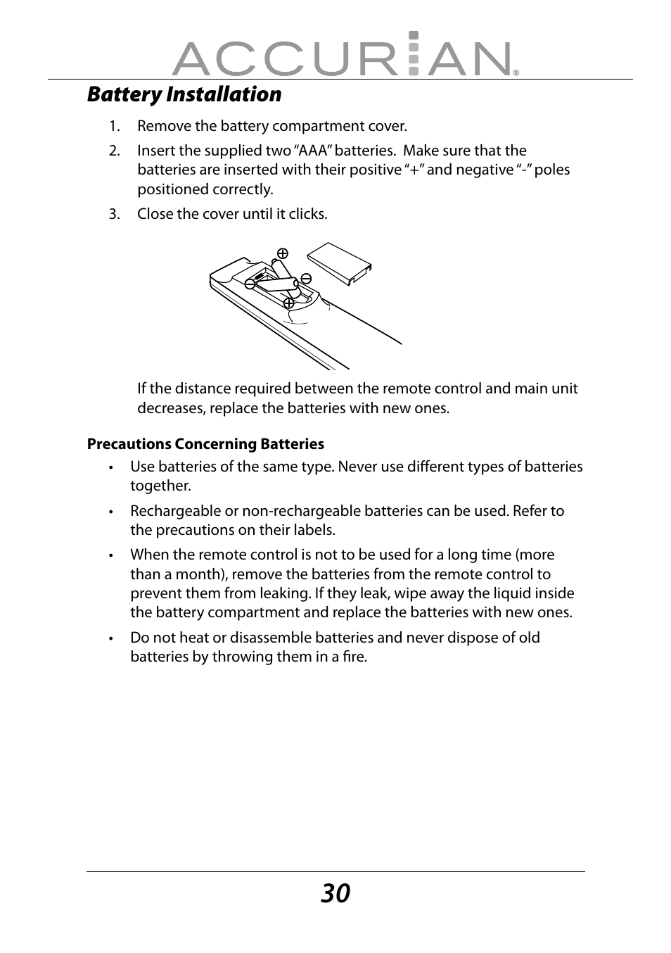 Battery installation | Sirius Satellite Radio ACCURIAN 6.1ch Sirius-Ready A/V Surround Receiver User Manual | Page 30 / 60