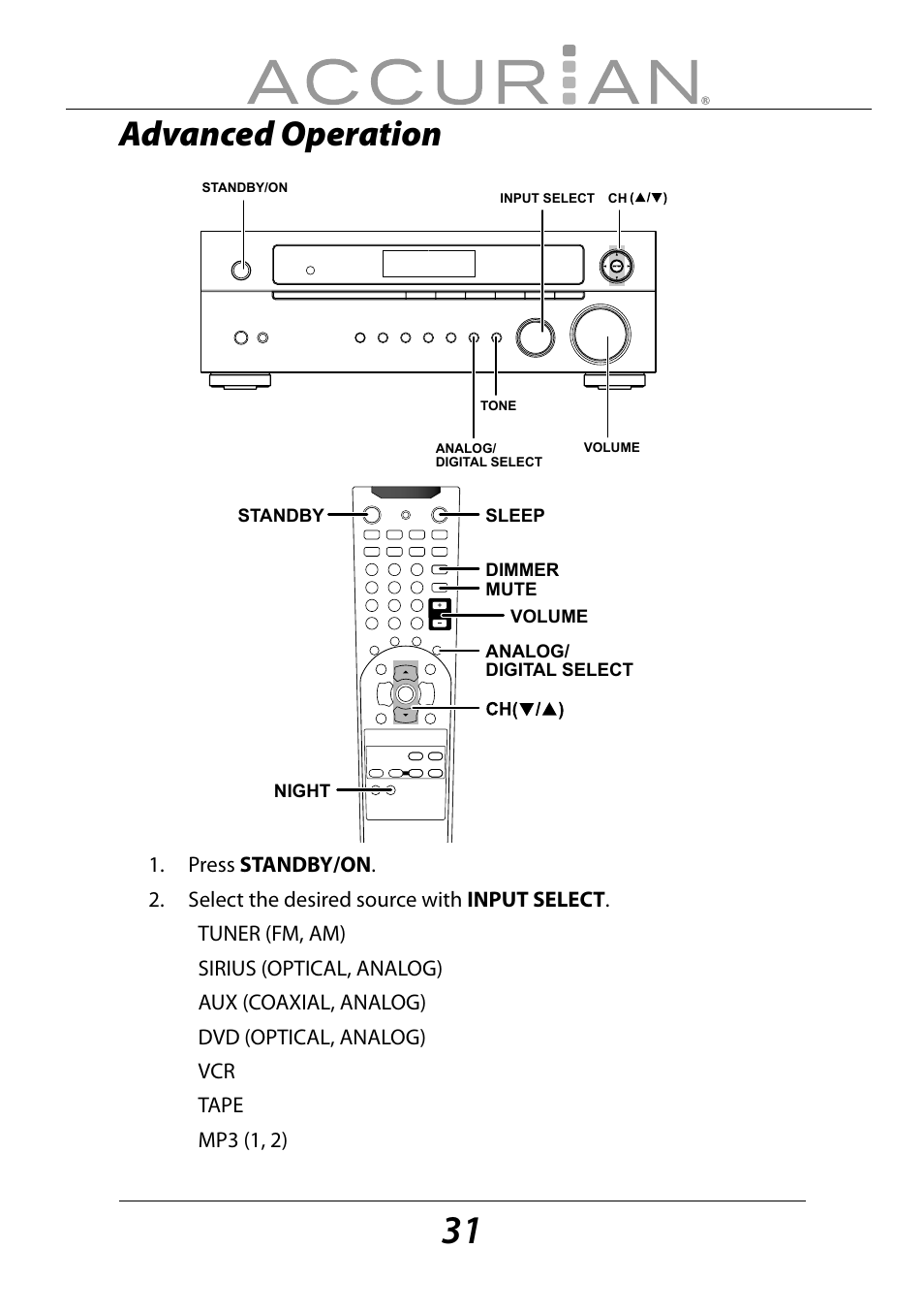 Advanced operation | Sirius Satellite Radio ACCURIAN 6.1ch Sirius-Ready A/V Surround Receiver User Manual | Page 31 / 60