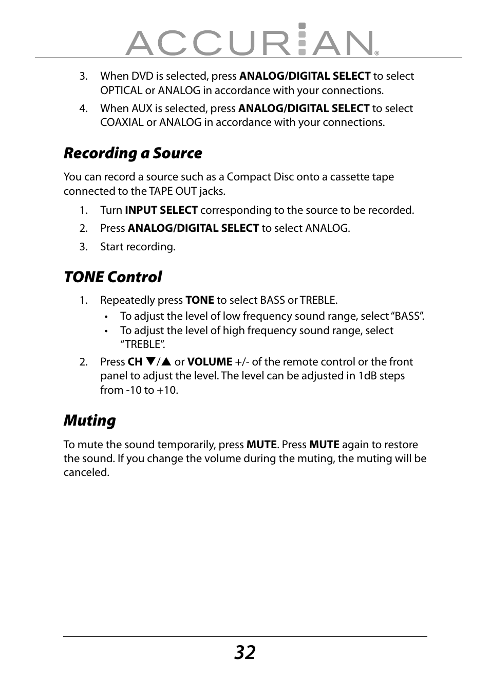 Recording a source, Tone control, Muting | Sirius Satellite Radio ACCURIAN 6.1ch Sirius-Ready A/V Surround Receiver User Manual | Page 32 / 60