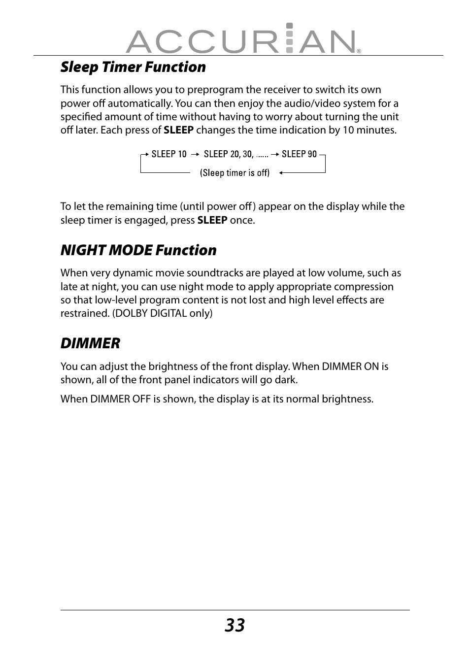 Sleep timer function, Night mode function, Dimmer | Sirius Satellite Radio ACCURIAN 6.1ch Sirius-Ready A/V Surround Receiver User Manual | Page 33 / 60