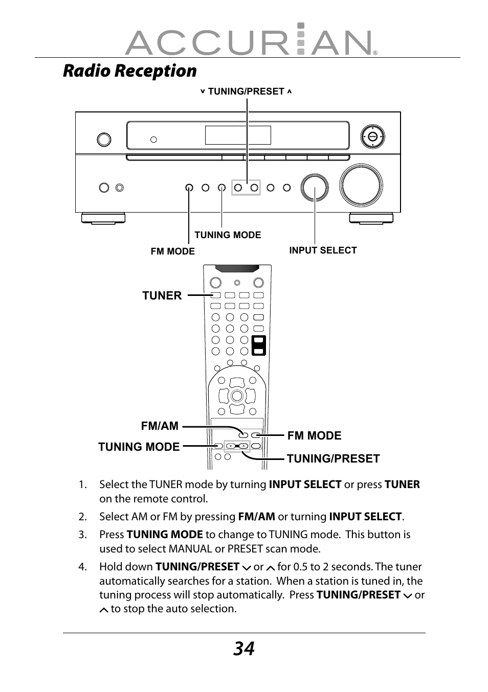 Radio reception | Sirius Satellite Radio ACCURIAN 6.1ch Sirius-Ready A/V Surround Receiver User Manual | Page 34 / 60