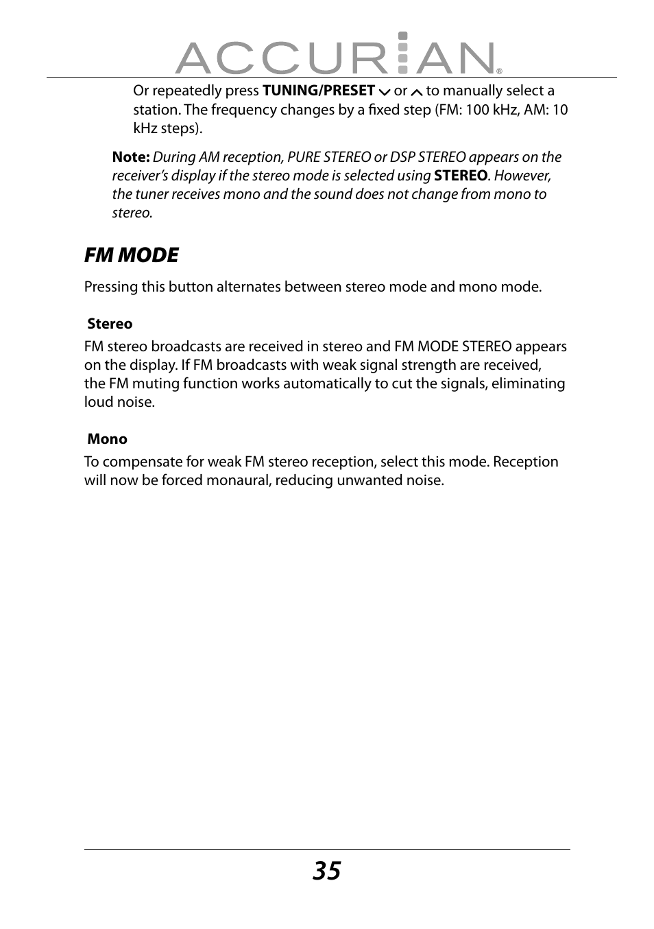 Fm mode | Sirius Satellite Radio ACCURIAN 6.1ch Sirius-Ready A/V Surround Receiver User Manual | Page 35 / 60