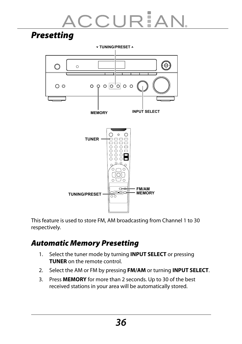 Presetting | Sirius Satellite Radio ACCURIAN 6.1ch Sirius-Ready A/V Surround Receiver User Manual | Page 36 / 60