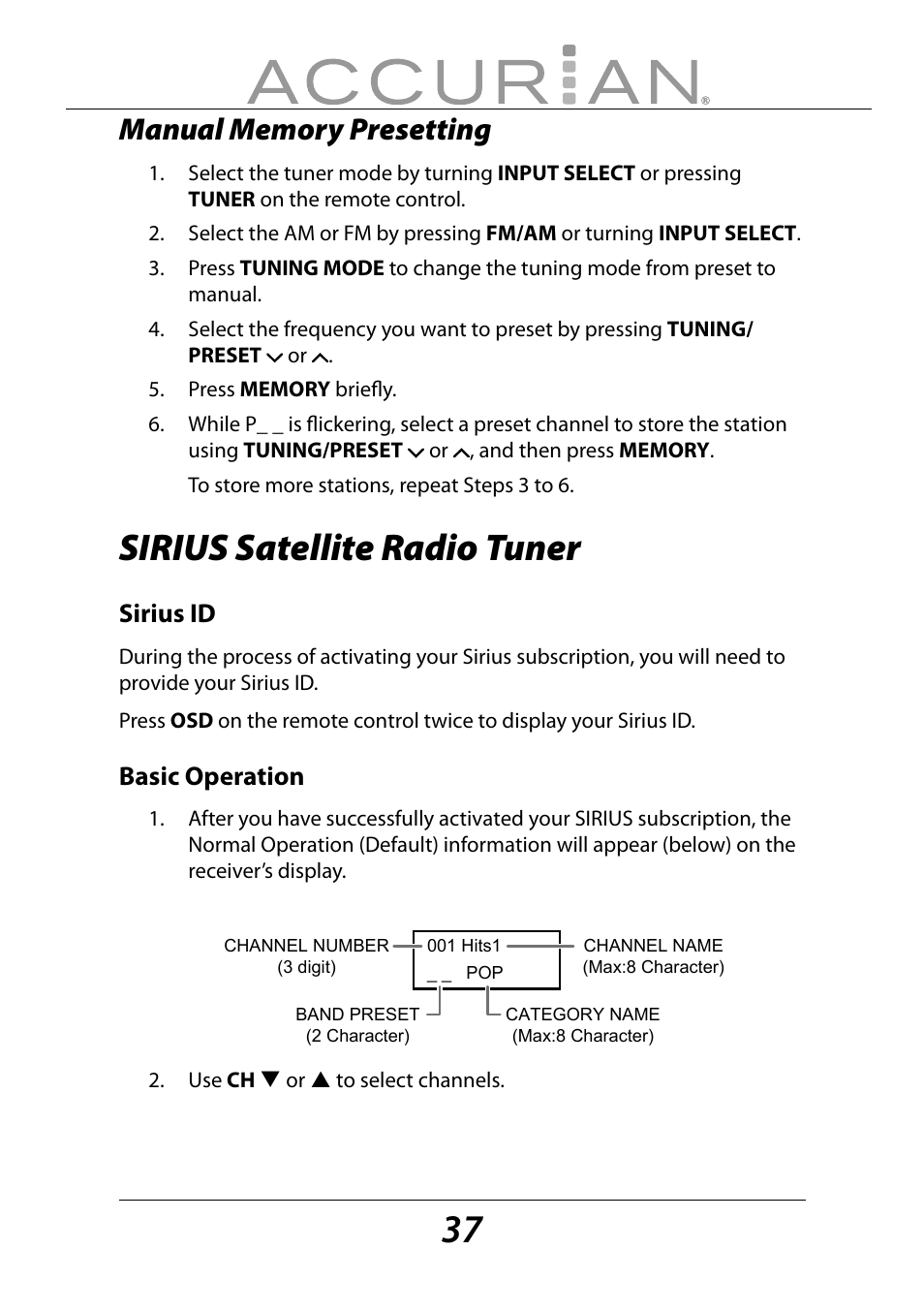 Sirius satellite radio tuner, Sirius id, Basic operation | Sirius Satellite Radio ACCURIAN 6.1ch Sirius-Ready A/V Surround Receiver User Manual | Page 37 / 60