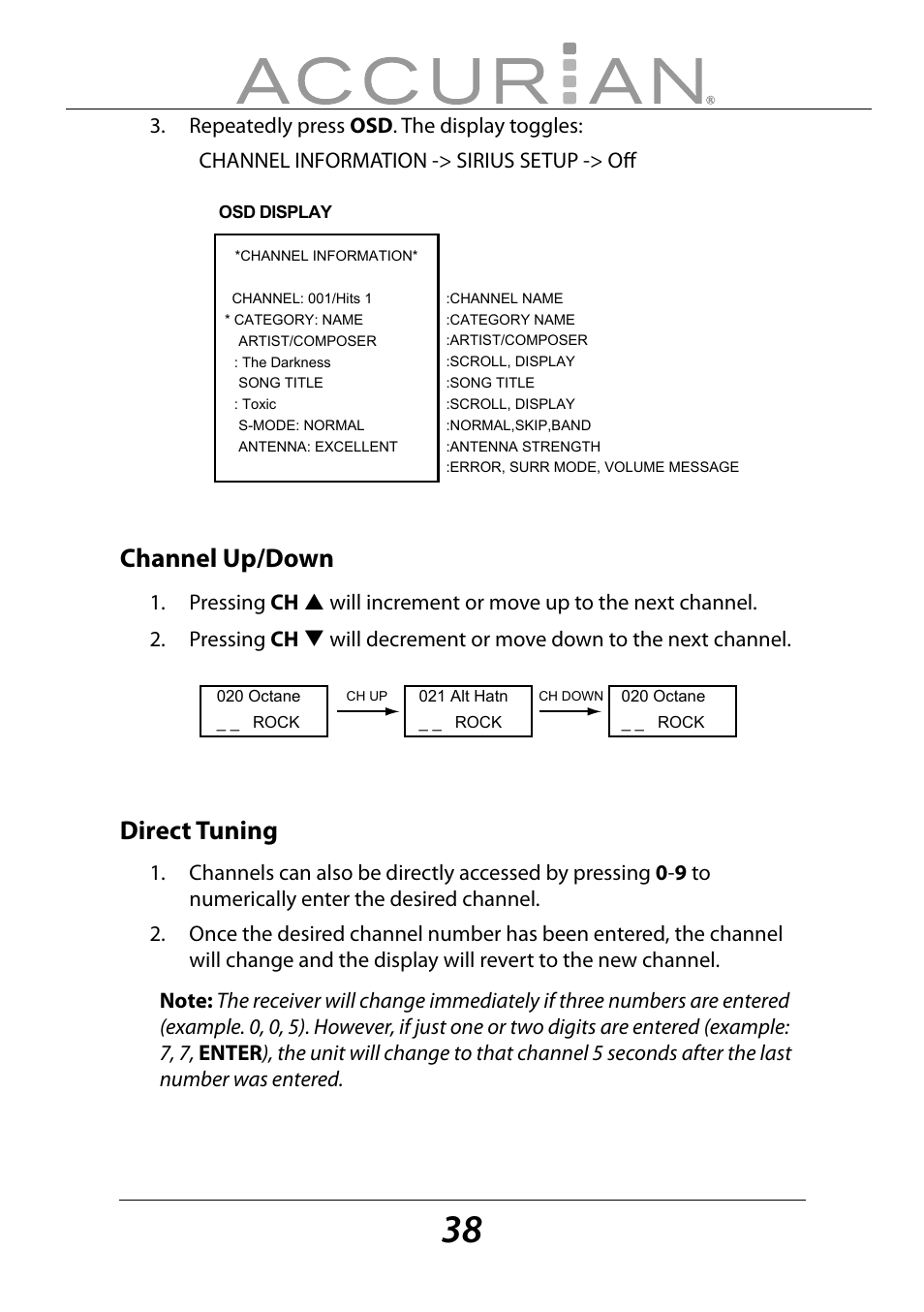 Channel up/down, Direct tuning | Sirius Satellite Radio ACCURIAN 6.1ch Sirius-Ready A/V Surround Receiver User Manual | Page 38 / 60