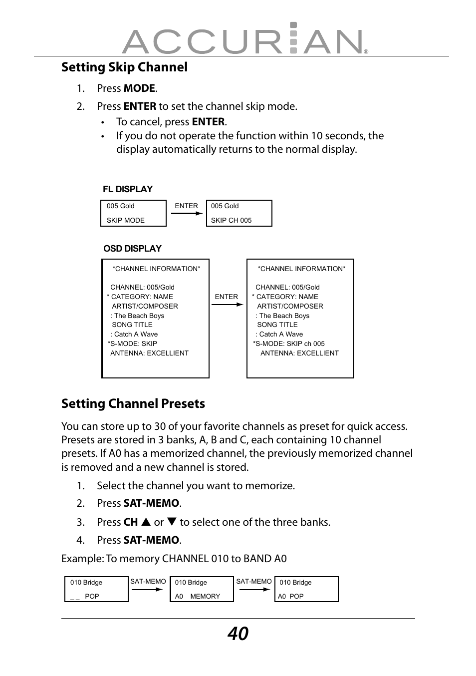 Setting skip channel, Setting channel presets, Fl display osd display | Sirius Satellite Radio ACCURIAN 6.1ch Sirius-Ready A/V Surround Receiver User Manual | Page 40 / 60