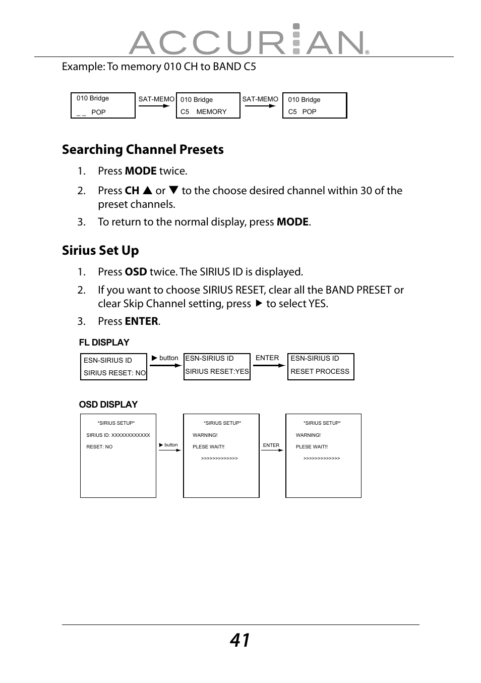 Searching channel presets, Sirius set up, Fl display osd display | Sirius Satellite Radio ACCURIAN 6.1ch Sirius-Ready A/V Surround Receiver User Manual | Page 41 / 60