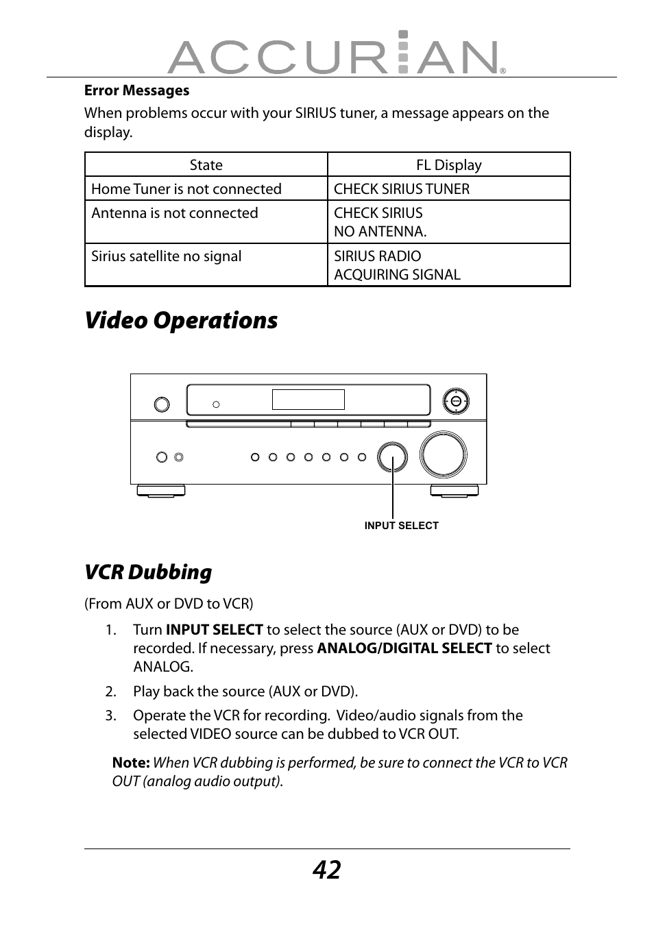 Video operations, Vcr dubbing | Sirius Satellite Radio ACCURIAN 6.1ch Sirius-Ready A/V Surround Receiver User Manual | Page 42 / 60