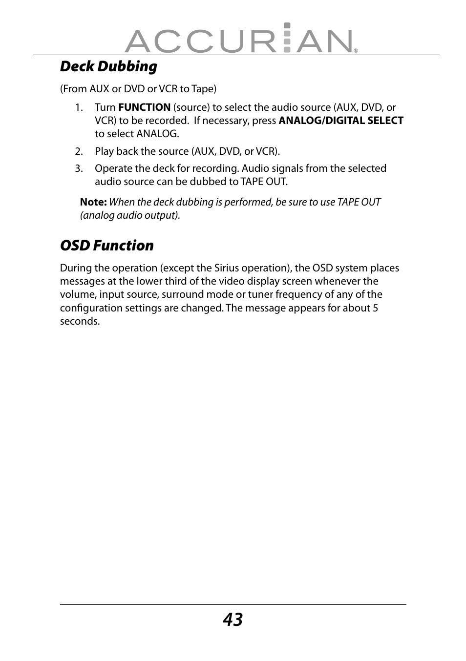 Deck dubbing, Osd function | Sirius Satellite Radio ACCURIAN 6.1ch Sirius-Ready A/V Surround Receiver User Manual | Page 43 / 60