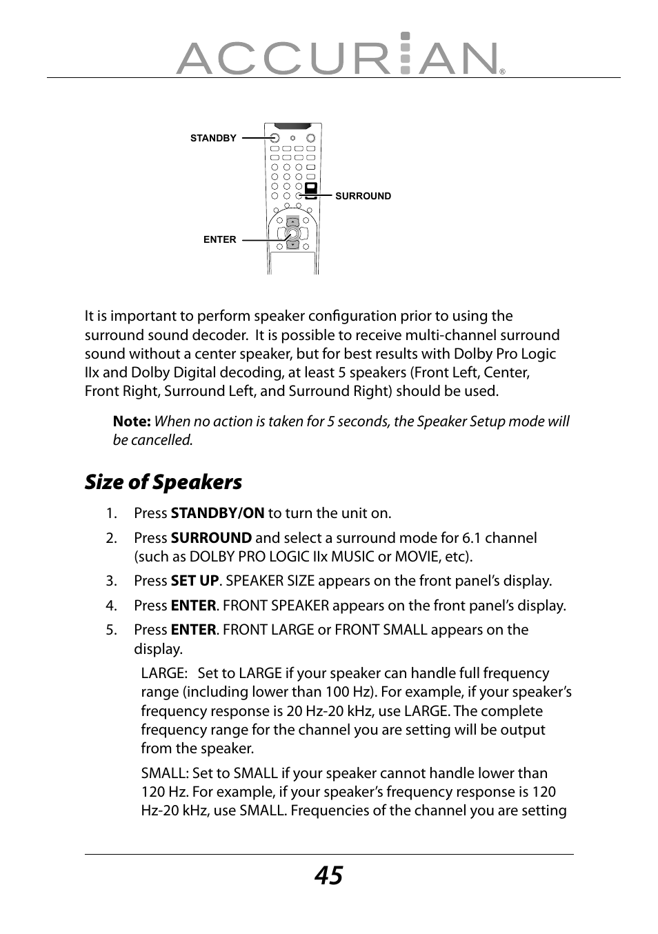 Size of speakers | Sirius Satellite Radio ACCURIAN 6.1ch Sirius-Ready A/V Surround Receiver User Manual | Page 45 / 60