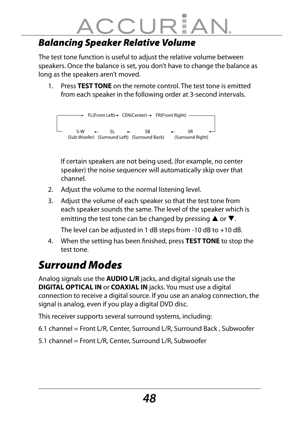 Surround modes, Balancing speaker relative volume | Sirius Satellite Radio ACCURIAN 6.1ch Sirius-Ready A/V Surround Receiver User Manual | Page 48 / 60