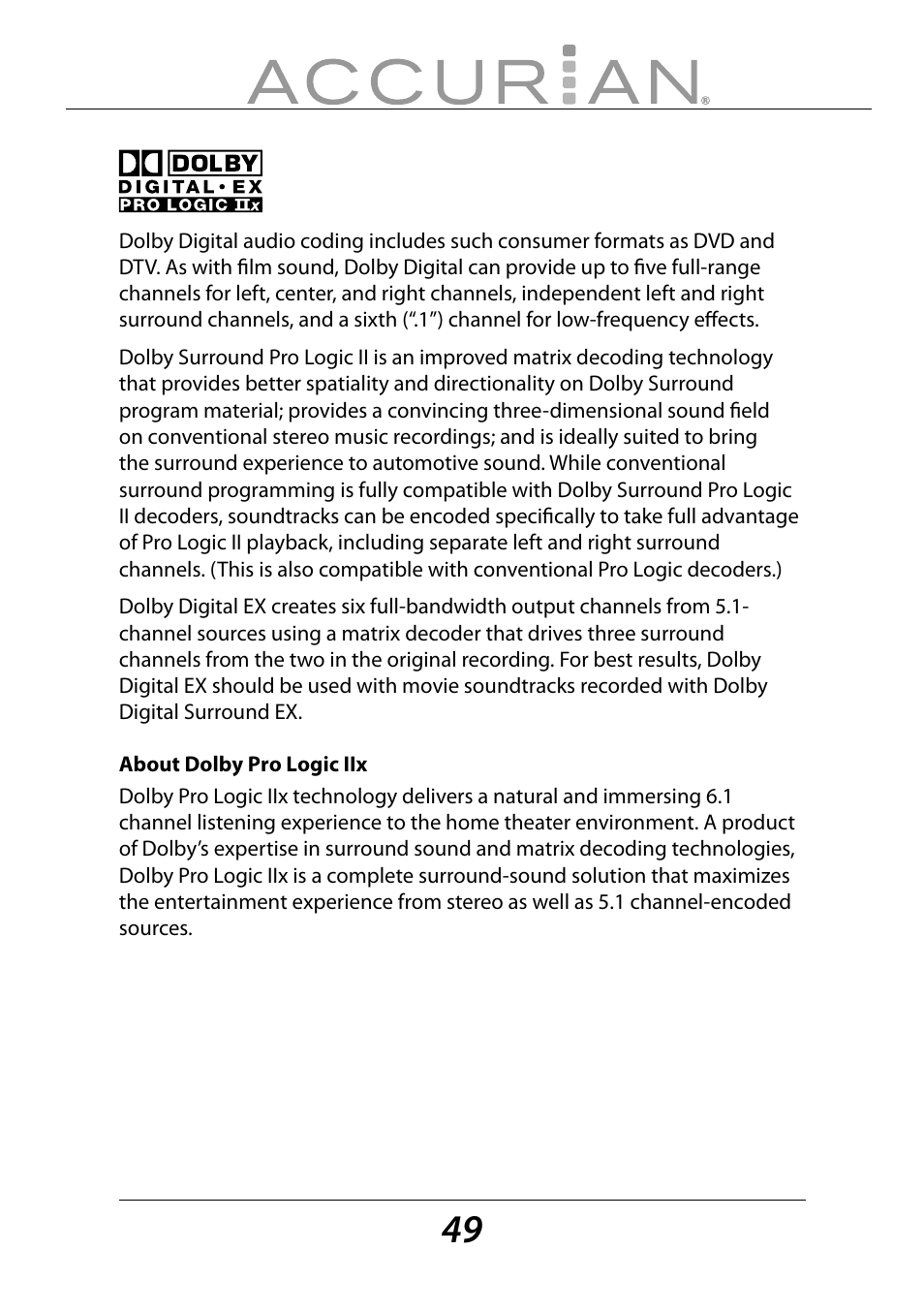 Sirius Satellite Radio ACCURIAN 6.1ch Sirius-Ready A/V Surround Receiver User Manual | Page 49 / 60