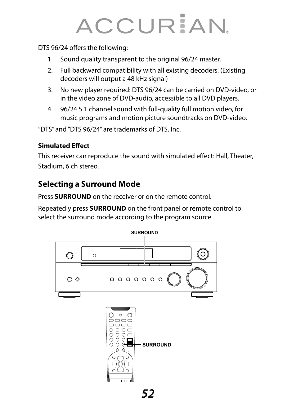 Selecting a surround mode | Sirius Satellite Radio ACCURIAN 6.1ch Sirius-Ready A/V Surround Receiver User Manual | Page 52 / 60