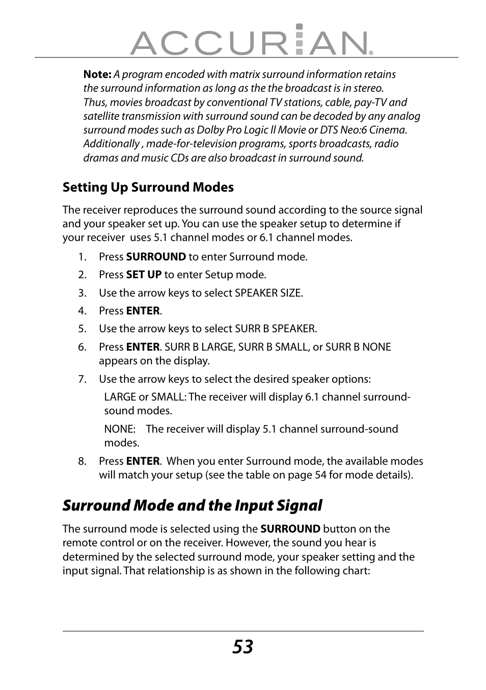 Surround mode and the input signal | Sirius Satellite Radio ACCURIAN 6.1ch Sirius-Ready A/V Surround Receiver User Manual | Page 53 / 60