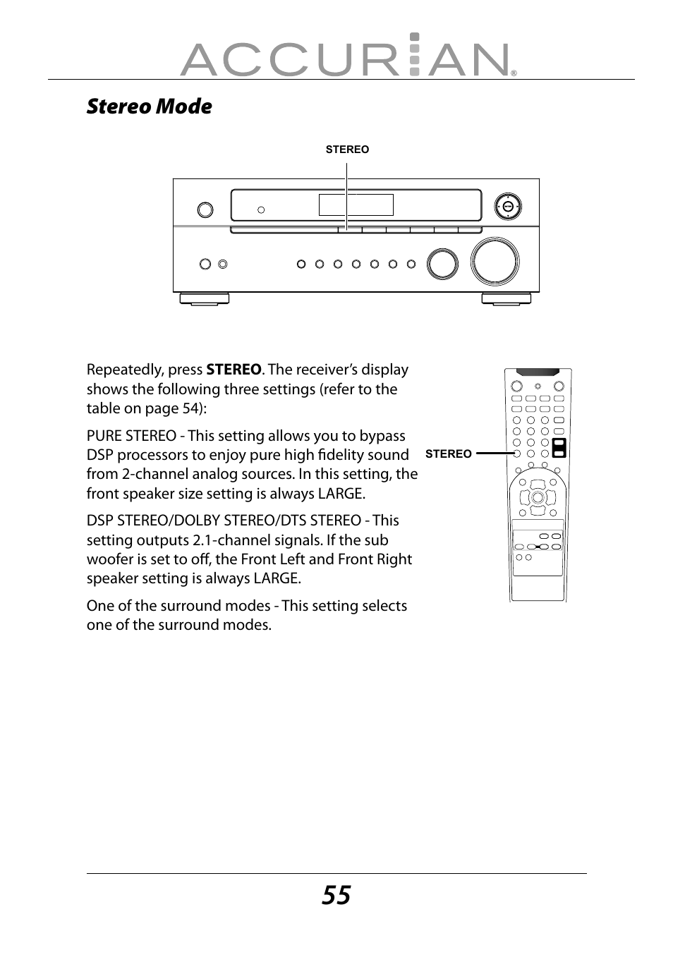 Stereo mode | Sirius Satellite Radio ACCURIAN 6.1ch Sirius-Ready A/V Surround Receiver User Manual | Page 55 / 60