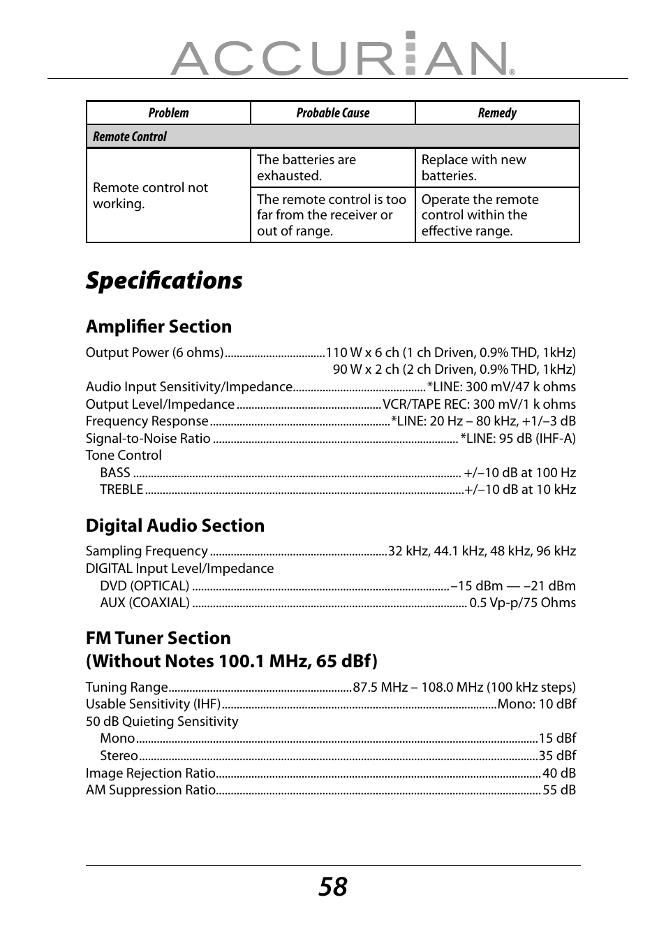 Speciﬁ cations | Sirius Satellite Radio ACCURIAN 6.1ch Sirius-Ready A/V Surround Receiver User Manual | Page 58 / 60