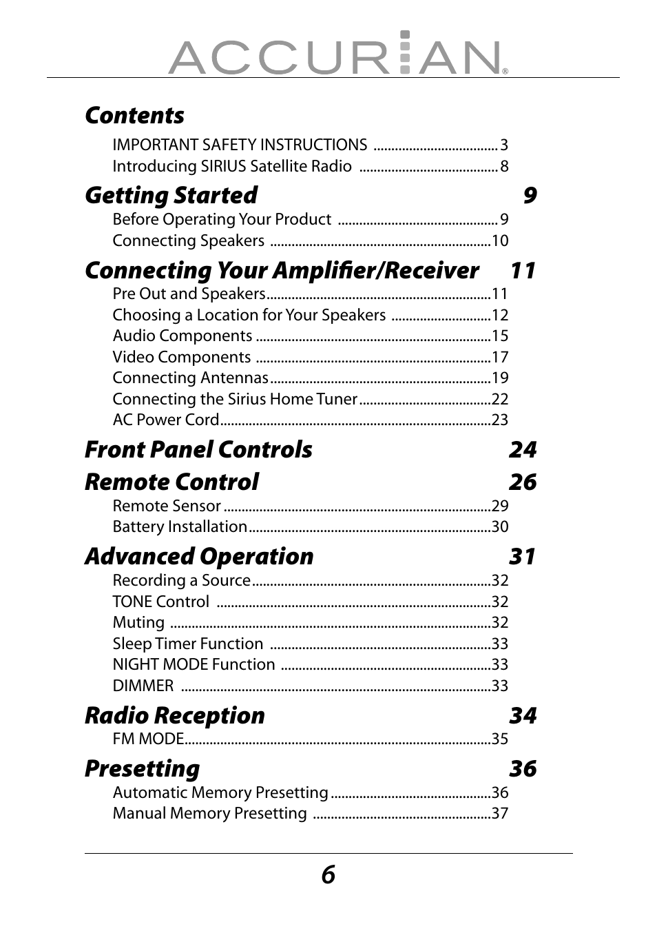 Sirius Satellite Radio ACCURIAN 6.1ch Sirius-Ready A/V Surround Receiver User Manual | Page 6 / 60