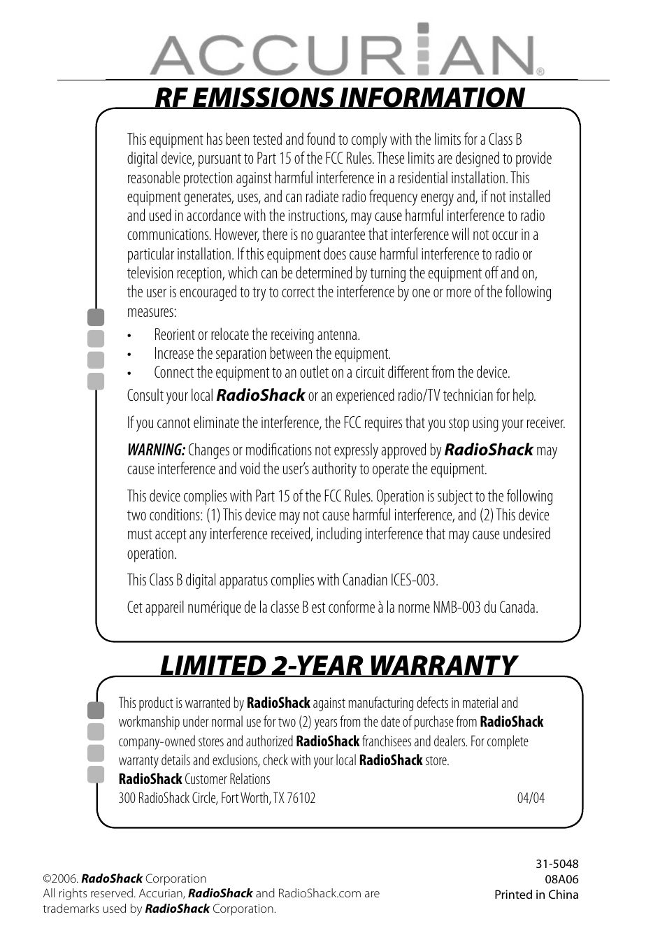 Rf emissions information limited 2-year warranty | Sirius Satellite Radio ACCURIAN 6.1ch Sirius-Ready A/V Surround Receiver User Manual | Page 60 / 60