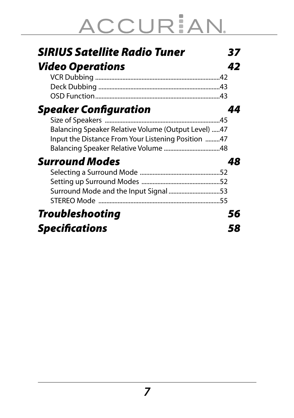 Sirius satellite radio tuner | Sirius Satellite Radio ACCURIAN 6.1ch Sirius-Ready A/V Surround Receiver User Manual | Page 7 / 60
