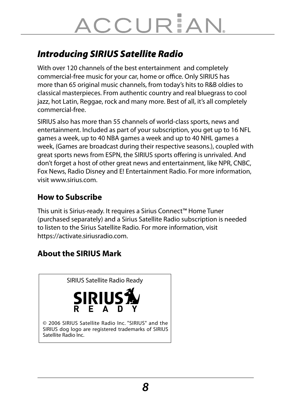 Introducing sirius satellite radio | Sirius Satellite Radio ACCURIAN 6.1ch Sirius-Ready A/V Surround Receiver User Manual | Page 8 / 60