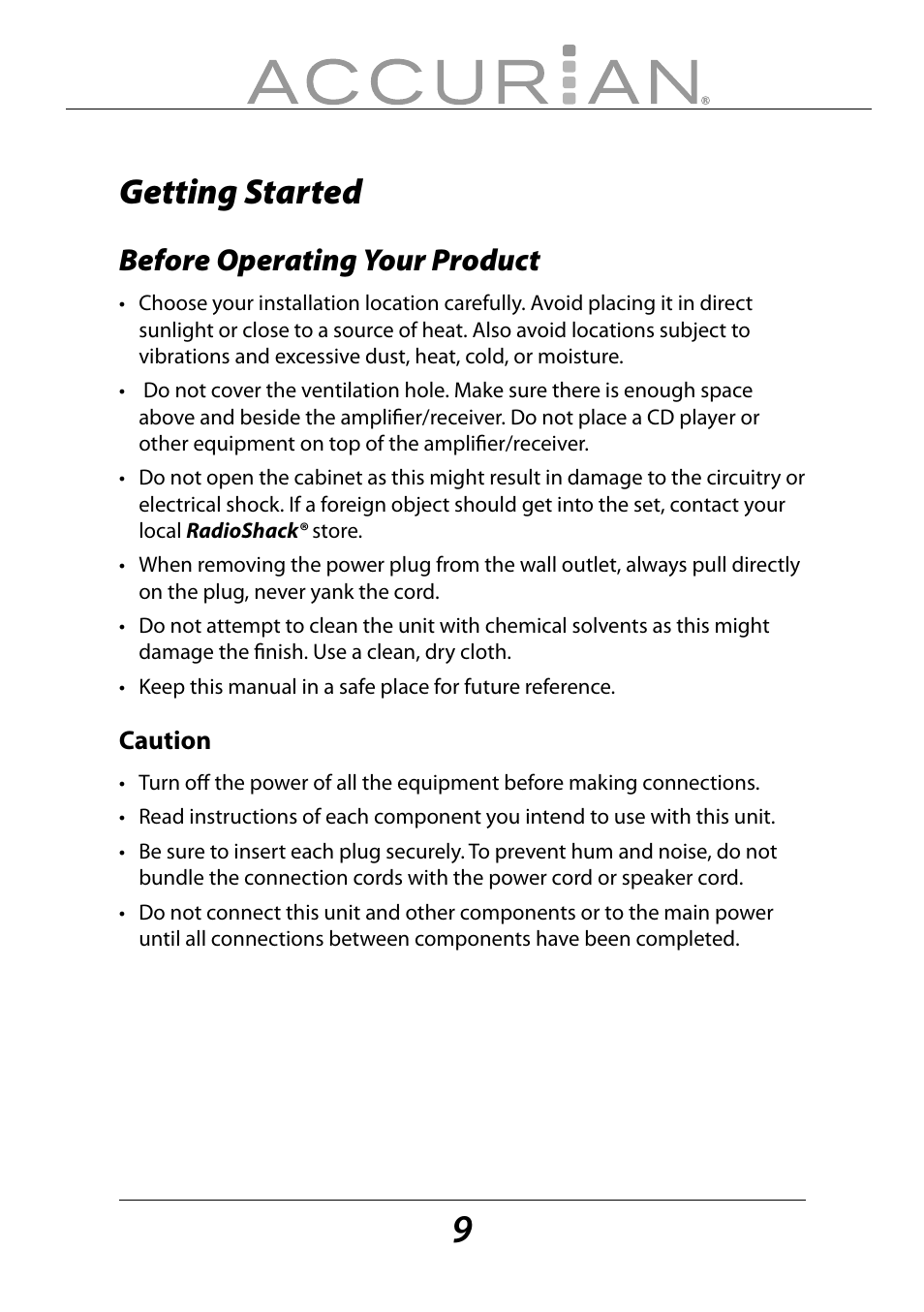 Getting started, Before operating your product | Sirius Satellite Radio ACCURIAN 6.1ch Sirius-Ready A/V Surround Receiver User Manual | Page 9 / 60