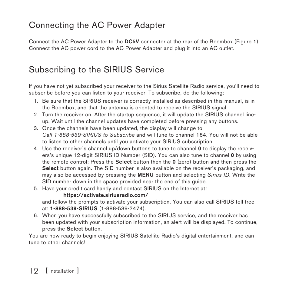 Connecting the ac power adapter, Subscribing to the sirius service | Sirius Satellite Radio SUBX1 User Manual | Page 12 / 20