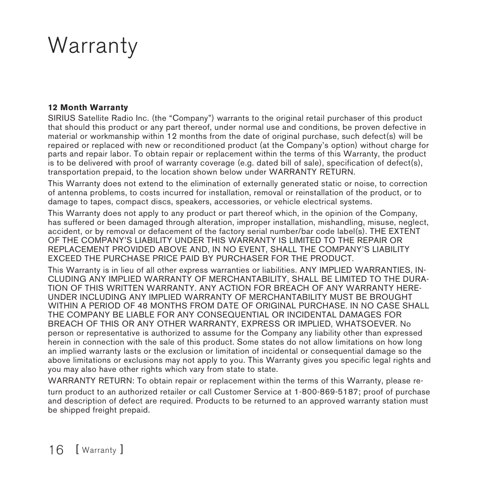 Warranty | Sirius Satellite Radio SUBX1 User Manual | Page 16 / 20