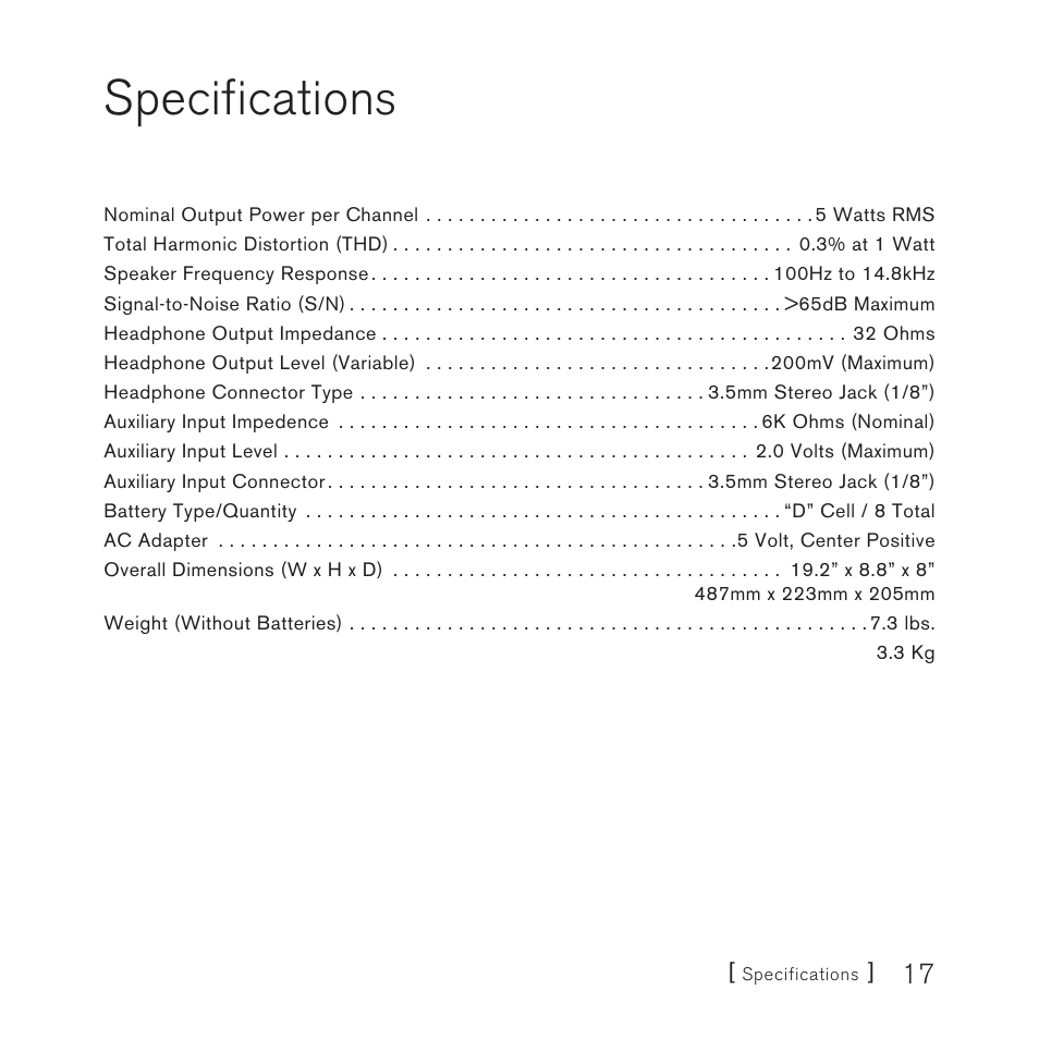 Specifications | Sirius Satellite Radio SUBX1 User Manual | Page 17 / 20