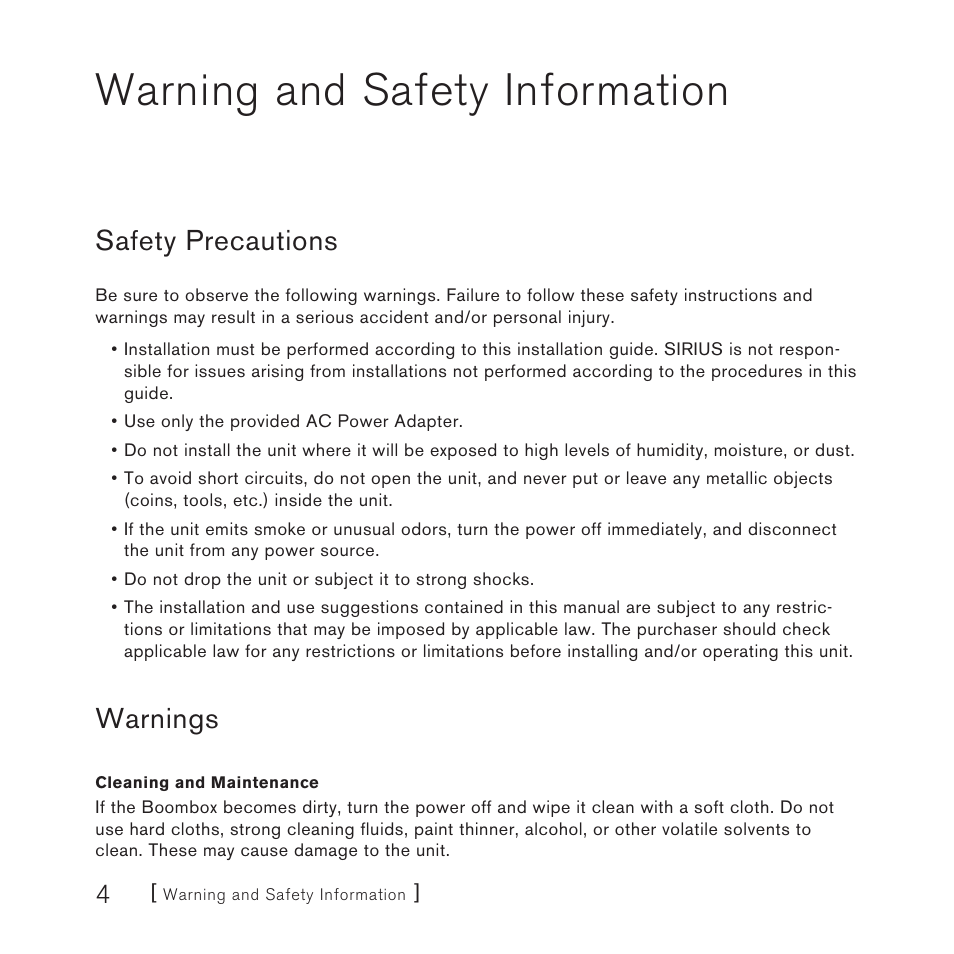 Warning and safety information, Safety precautions, Warnings | Sirius Satellite Radio SUBX1 User Manual | Page 4 / 20