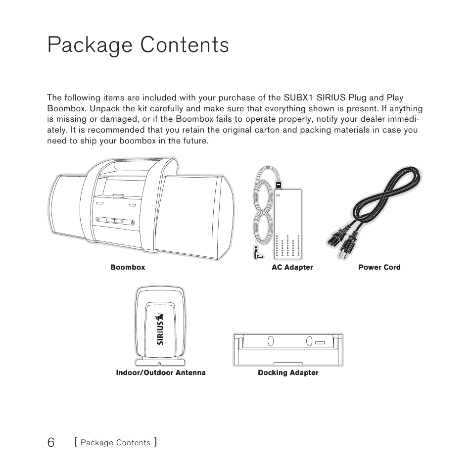 Package contents | Sirius Satellite Radio SUBX1 User Manual | Page 6 / 20