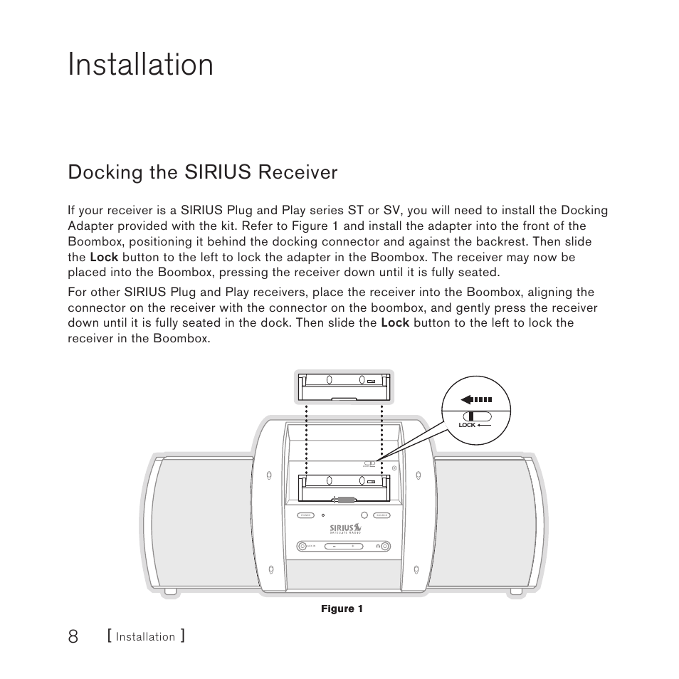 Installation, Docking the sirius receiver | Sirius Satellite Radio SUBX1 User Manual | Page 8 / 20