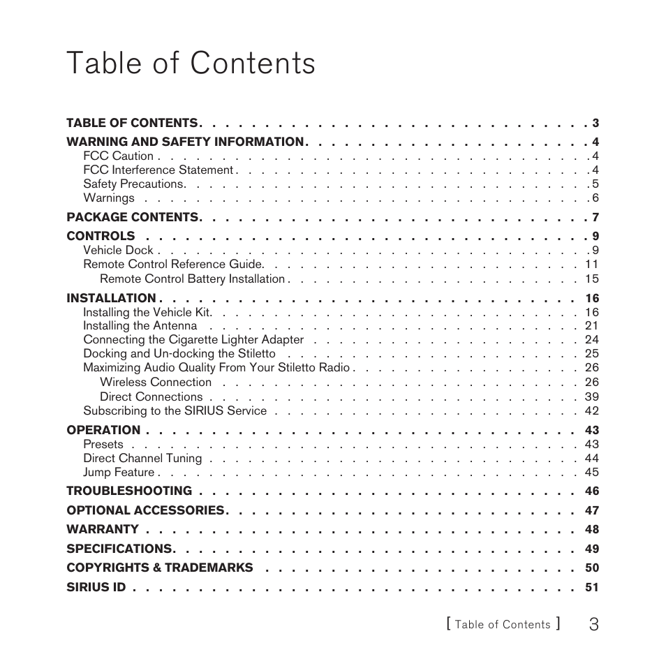 Sirius Satellite Radio Stiletto Vechicle Kit Satellite Radio User Manual | Page 3 / 52