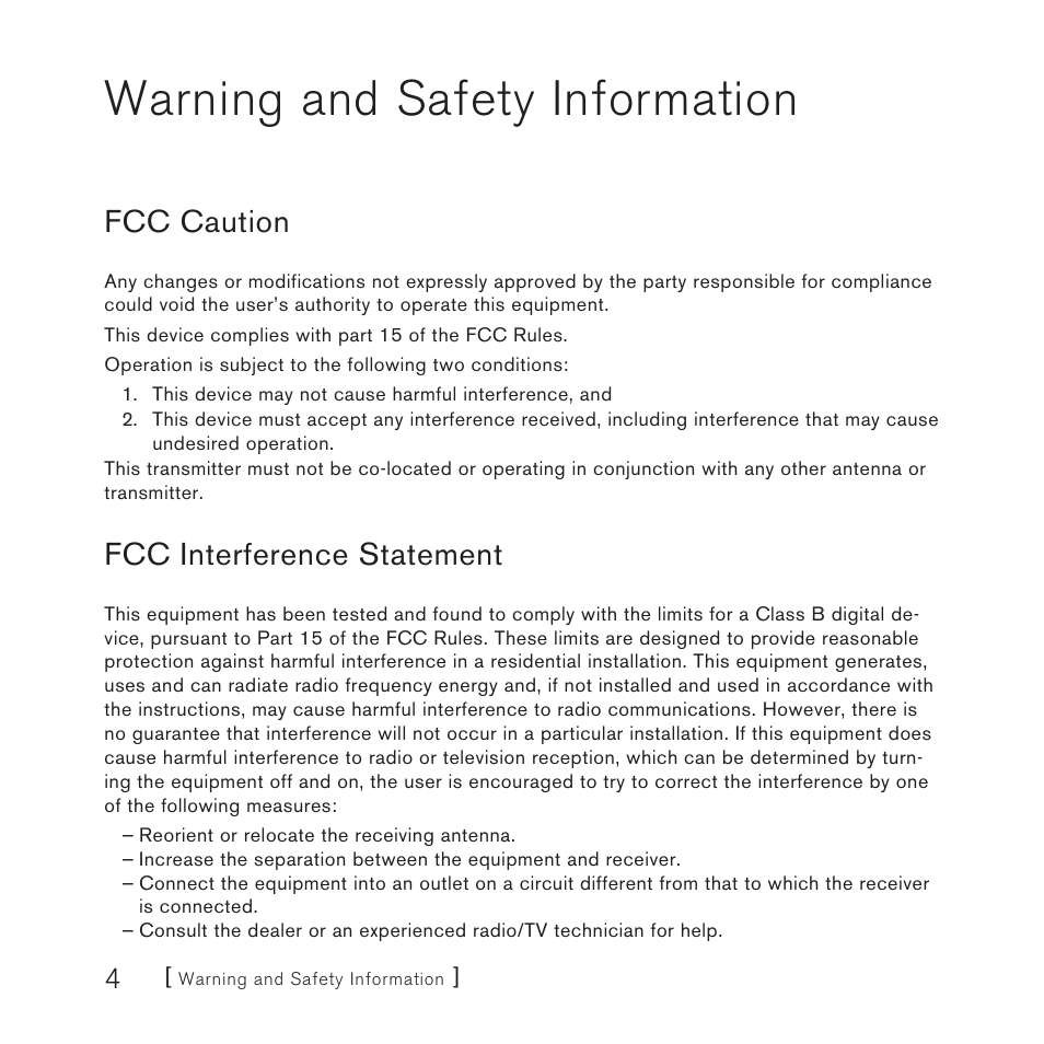 Warning and safety information, Fcc caution, Fcc interference statement | Sirius Satellite Radio Stiletto Vechicle Kit Satellite Radio User Manual | Page 4 / 52