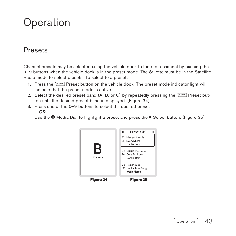 Operation, Presets | Sirius Satellite Radio Stiletto Vechicle Kit Satellite Radio User Manual | Page 43 / 52