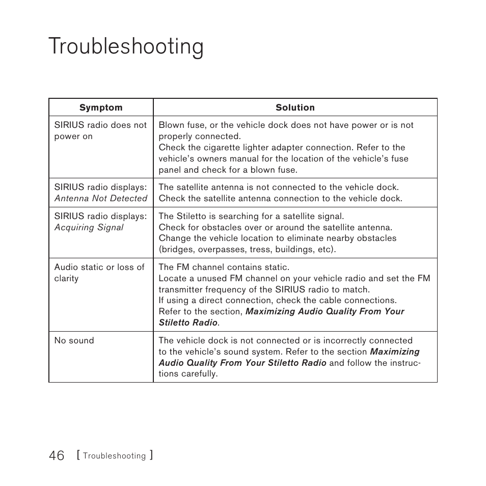 Troubleshooting | Sirius Satellite Radio Stiletto Vechicle Kit Satellite Radio User Manual | Page 46 / 52