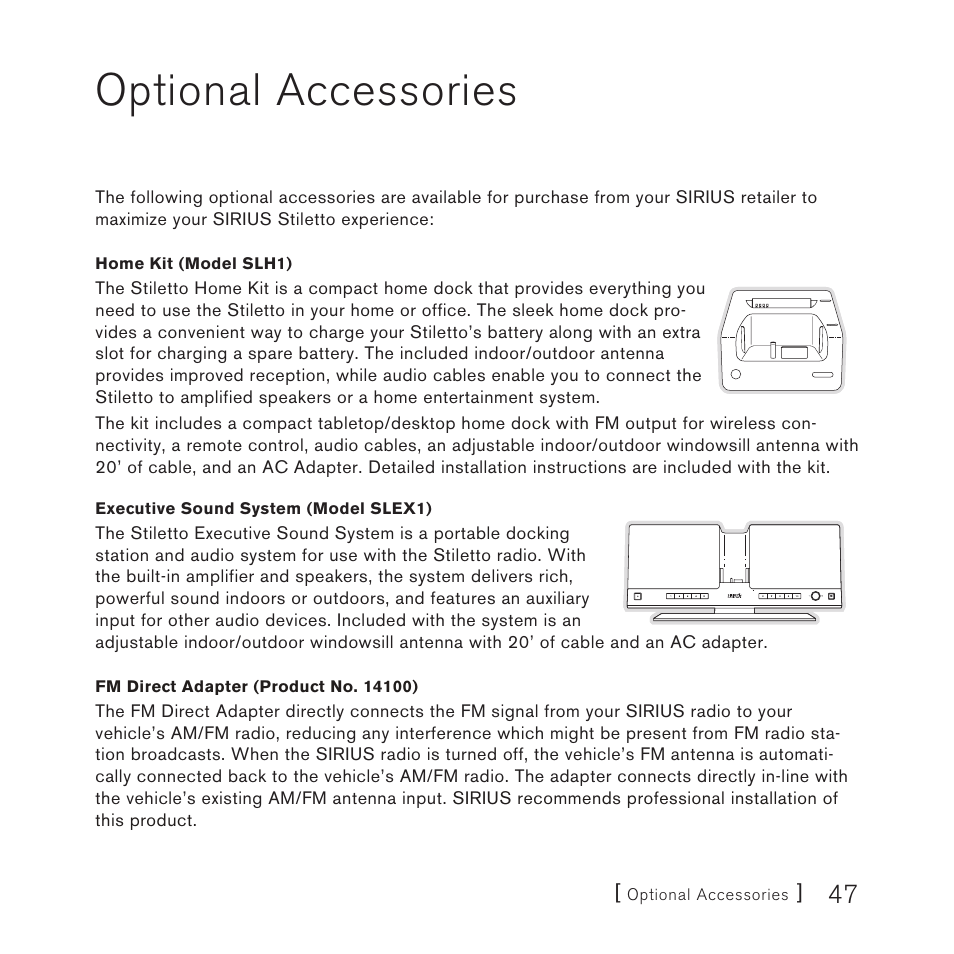 Optional accessories | Sirius Satellite Radio Stiletto Vechicle Kit Satellite Radio User Manual | Page 47 / 52