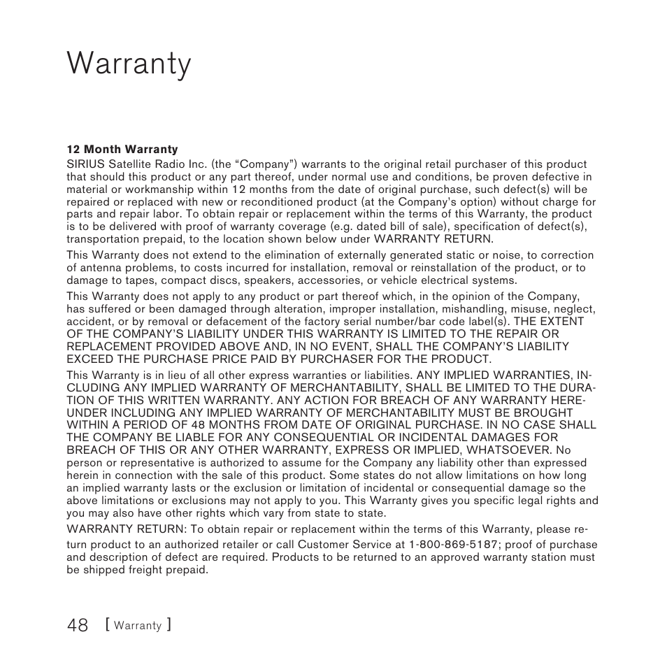 Warranty | Sirius Satellite Radio Stiletto Vechicle Kit Satellite Radio User Manual | Page 48 / 52