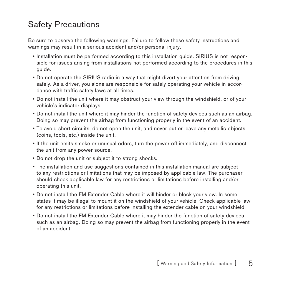 Safety precautions | Sirius Satellite Radio Stiletto Vechicle Kit Satellite Radio User Manual | Page 5 / 52
