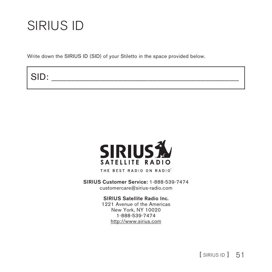 Sirius id | Sirius Satellite Radio Stiletto Vechicle Kit Satellite Radio User Manual | Page 51 / 52