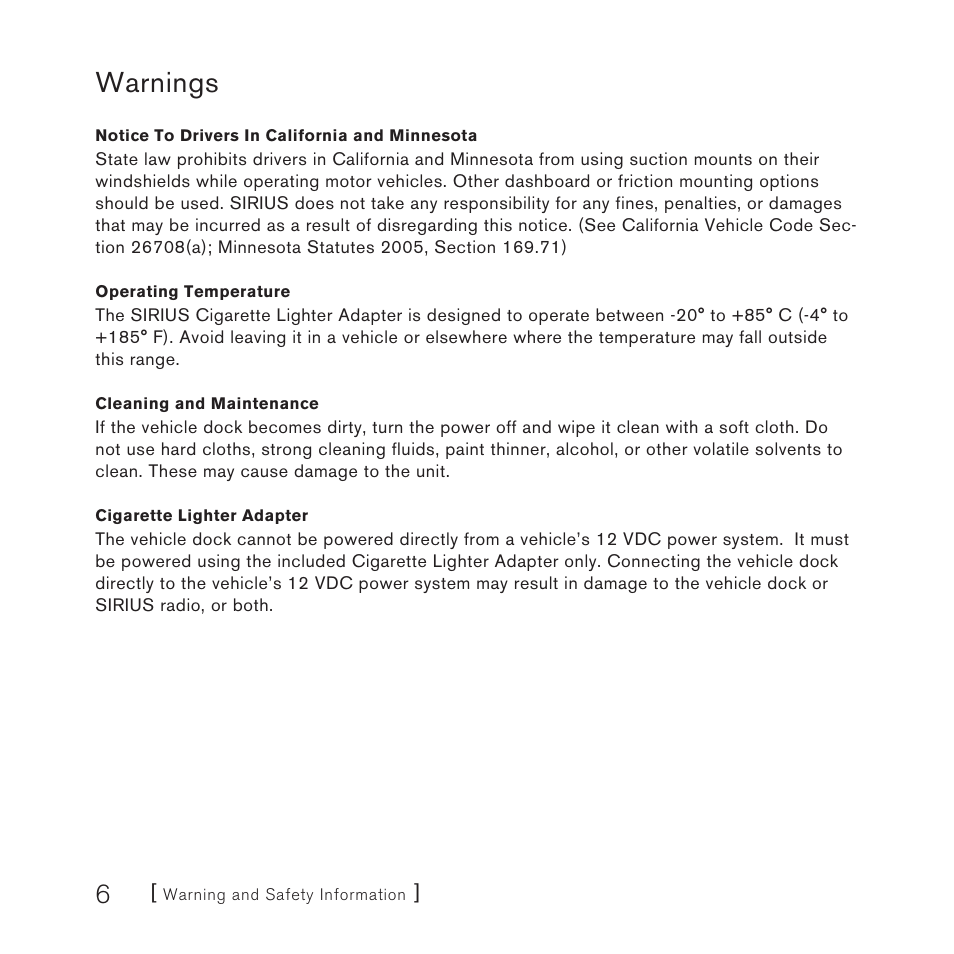 Warnings | Sirius Satellite Radio Stiletto Vechicle Kit Satellite Radio User Manual | Page 6 / 52