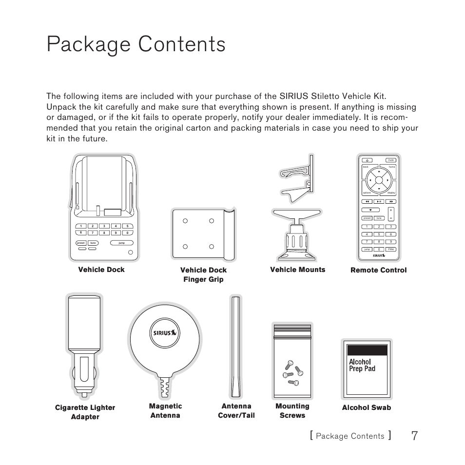 Package contents | Sirius Satellite Radio Stiletto Vechicle Kit Satellite Radio User Manual | Page 7 / 52