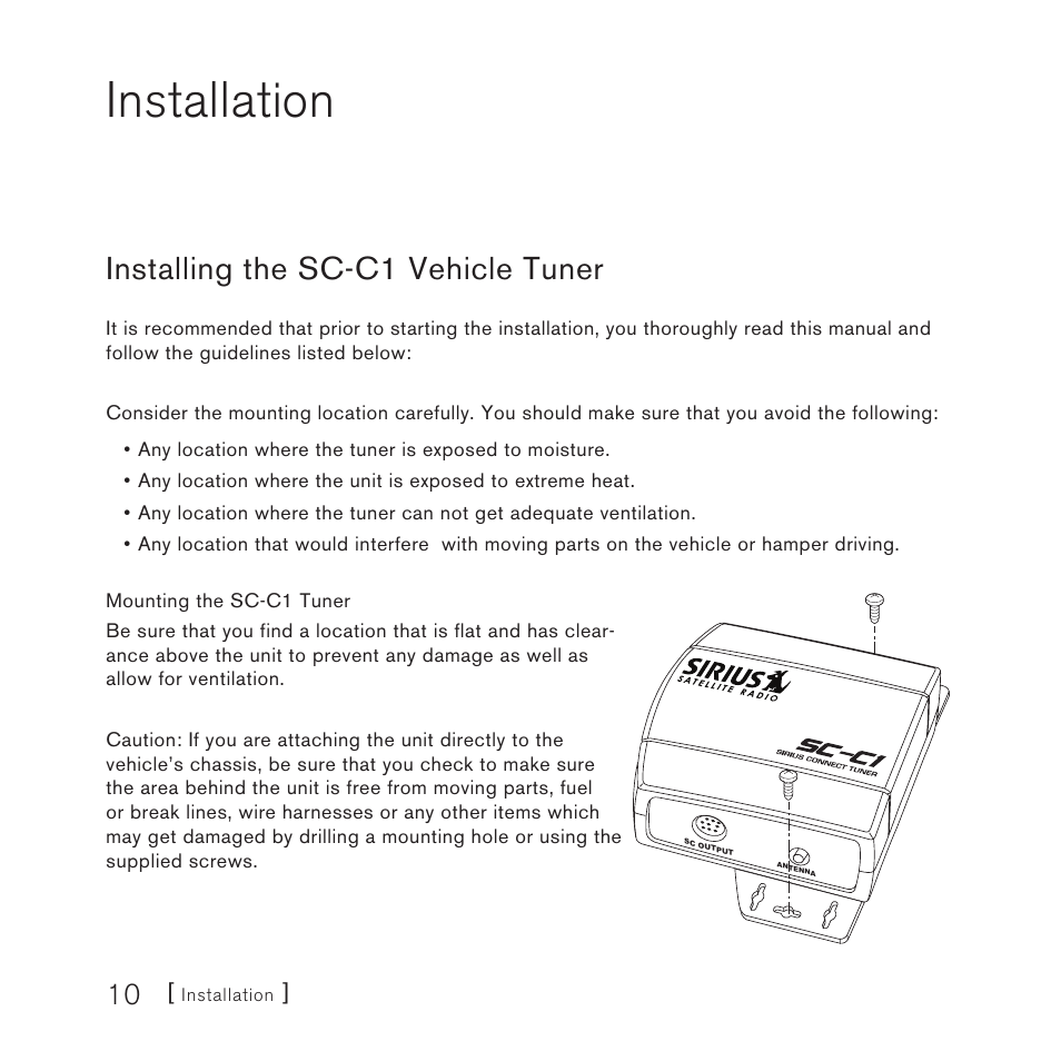 Installation, Installing the sc-c1 vehicle tuner | Sirius Satellite Radio SC-C1M User Manual | Page 10 / 20