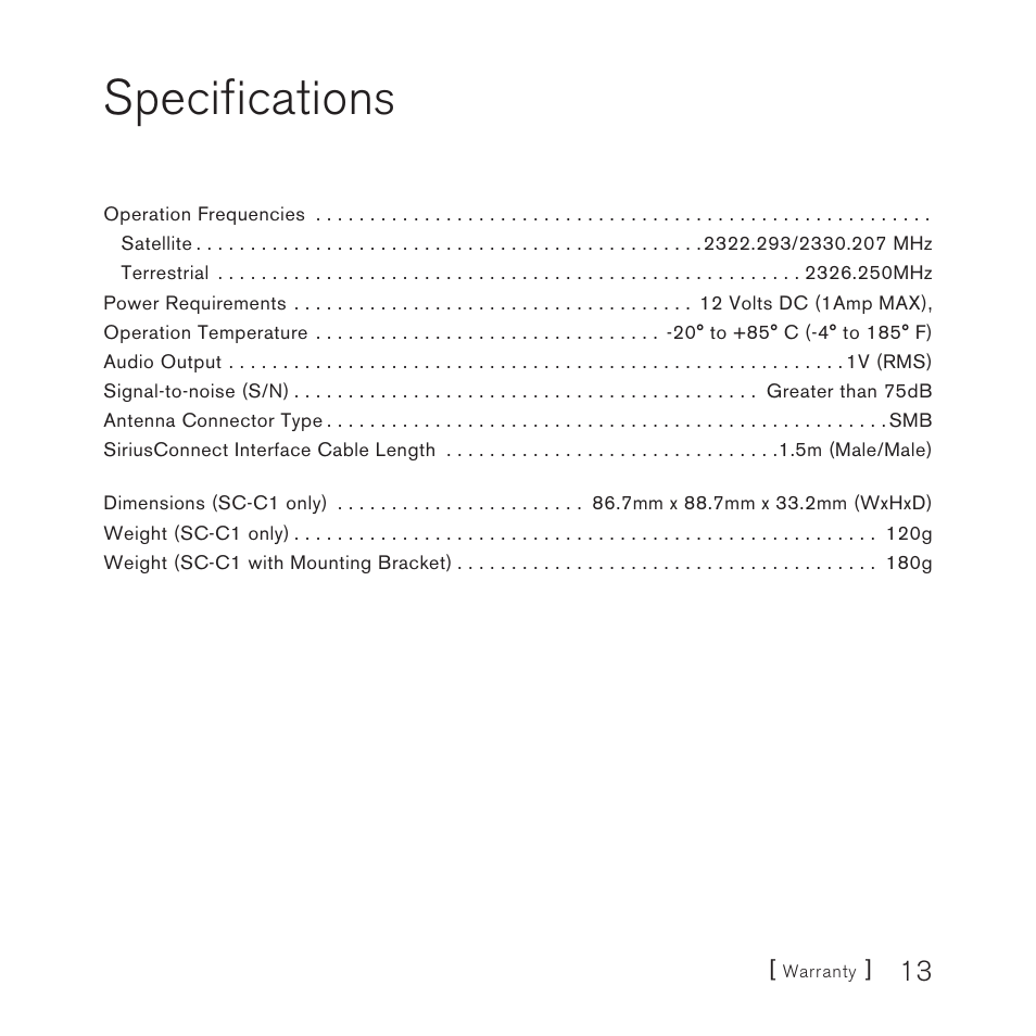 Specifications | Sirius Satellite Radio SC-C1M User Manual | Page 13 / 20