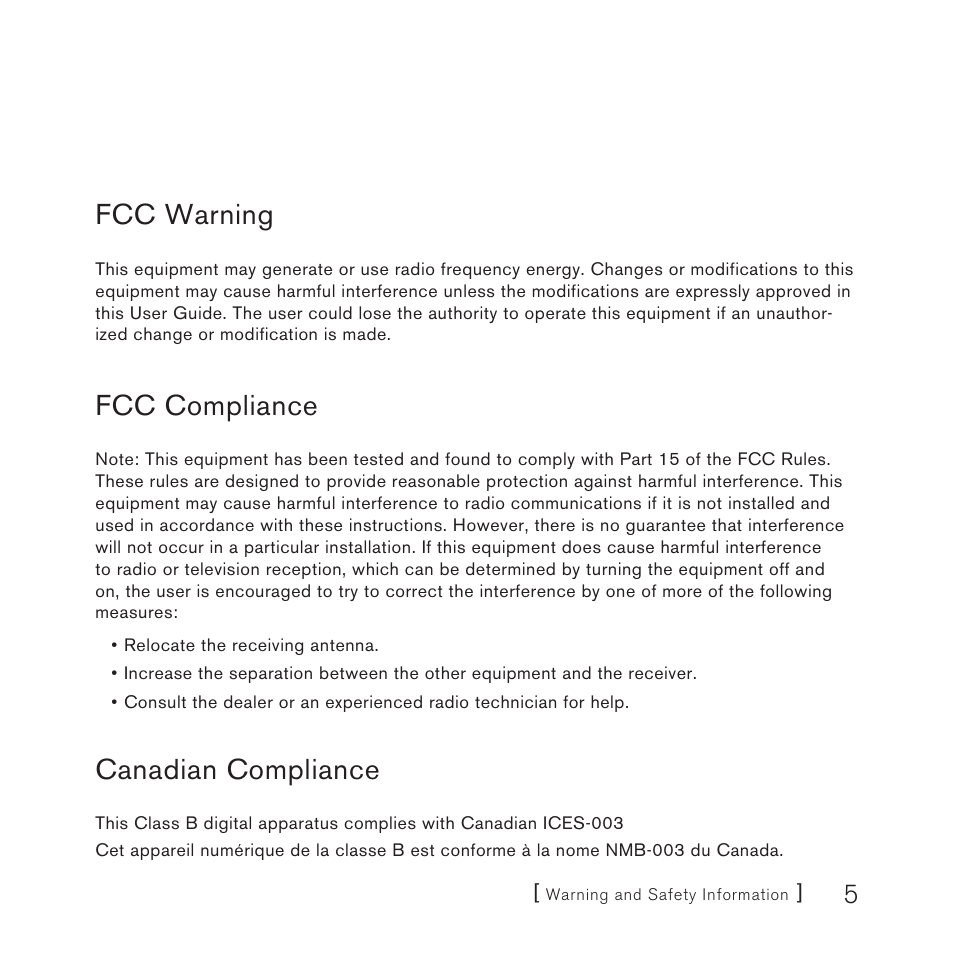 Fcc warning, Fcc compliance, Canadian compliance | Sirius Satellite Radio SC-C1M User Manual | Page 5 / 20