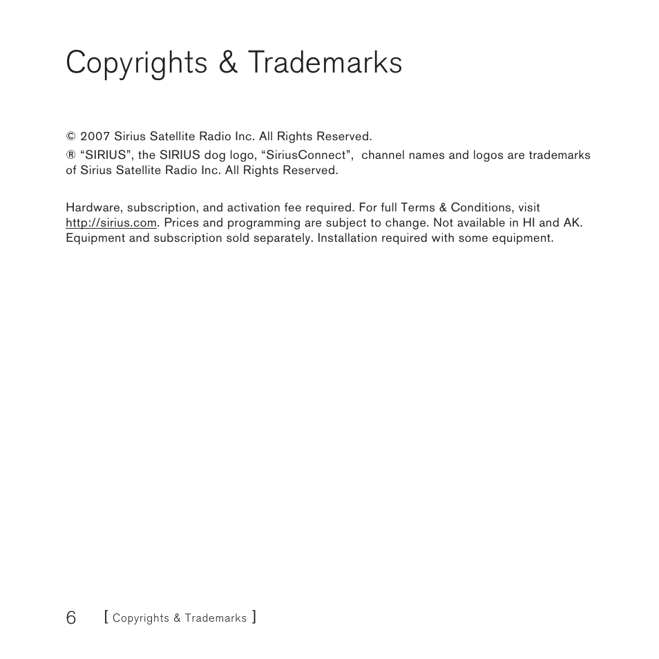 Copyrights & trademarks | Sirius Satellite Radio SC-C1M User Manual | Page 6 / 20