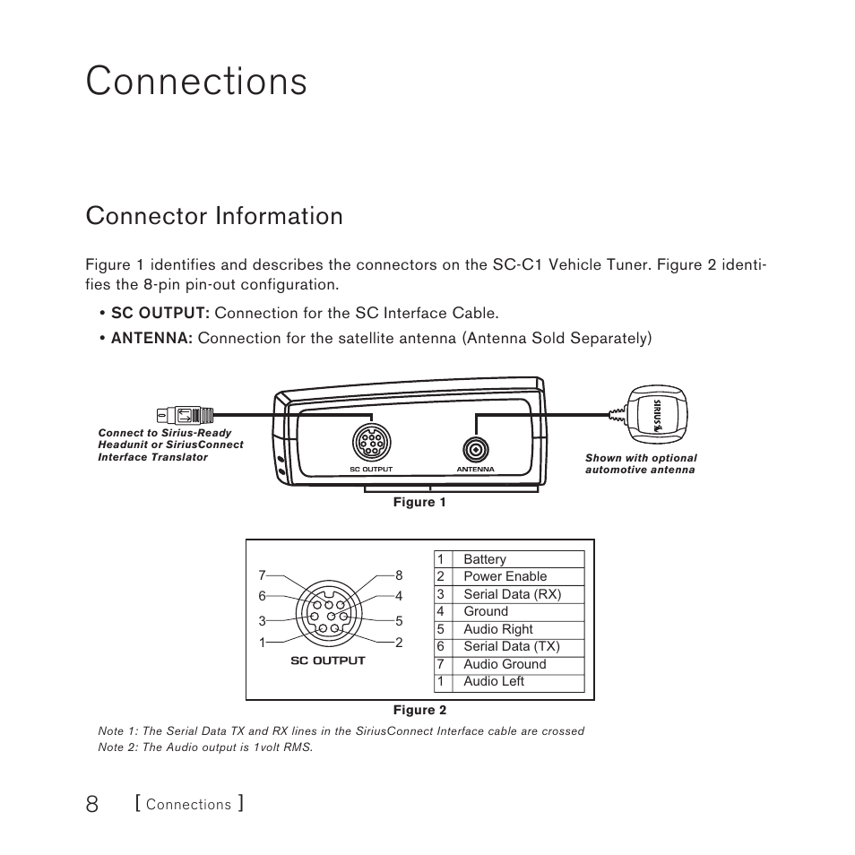 Connections, Connector information | Sirius Satellite Radio SC-C1M User Manual | Page 8 / 20