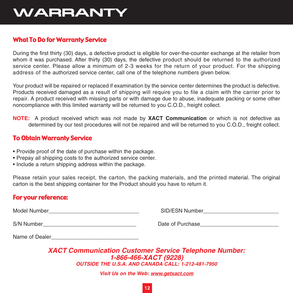 Warranty | Sirius Satellite Radio XS051 User Manual | Page 13 / 16