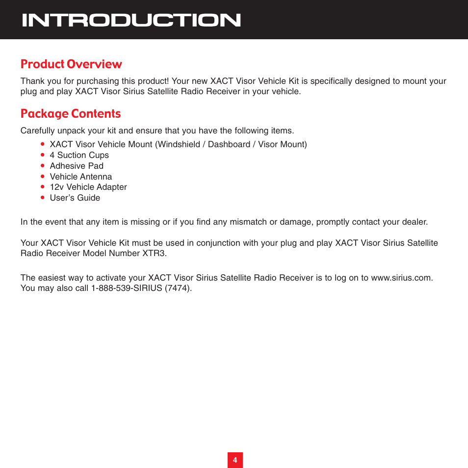 Introduction, Product overview, Package contents | Sirius Satellite Radio XS051 User Manual | Page 5 / 16