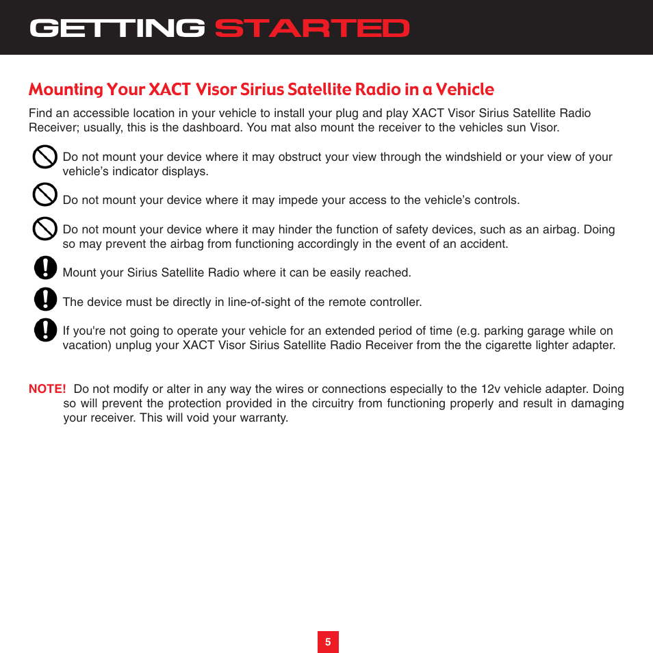 Getting started | Sirius Satellite Radio XS051 User Manual | Page 6 / 16