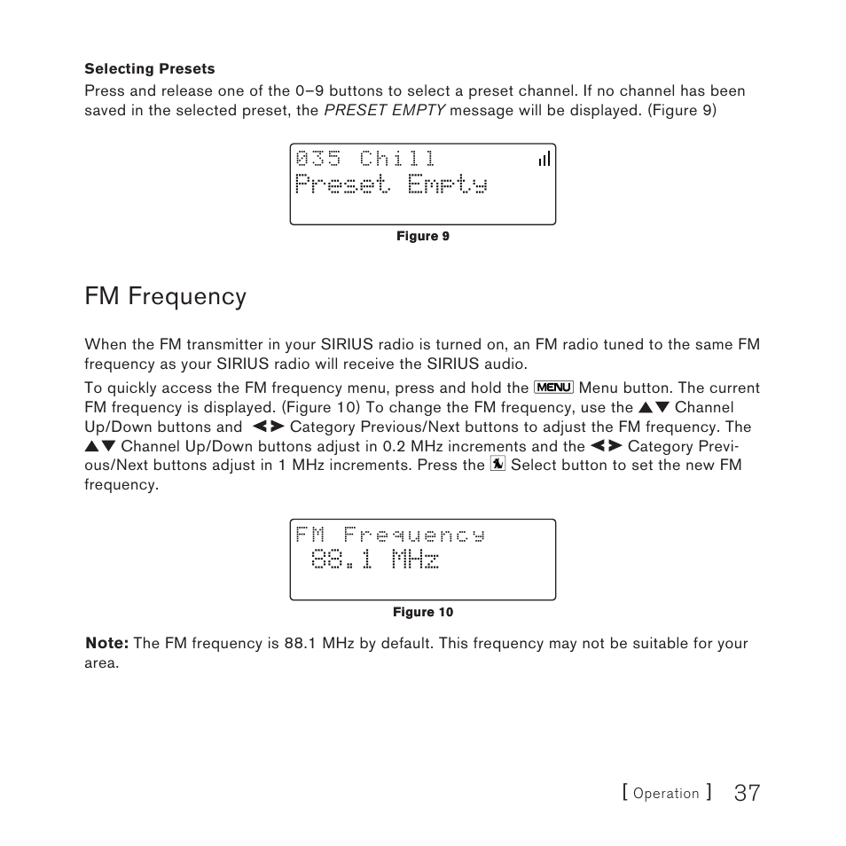 Fm frequency, Preset empty, 1 mhz | Sirius Satellite Radio Plug-n-Play User Manual | Page 39 / 60